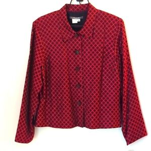 Maggie London Waist length Jacket, Button-up, red and black foulard pattern 12